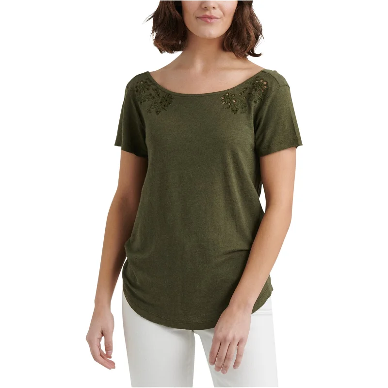 Lucky Brand Womens Eyelet Scoop Back Basic T-Shirt, Green, Medium